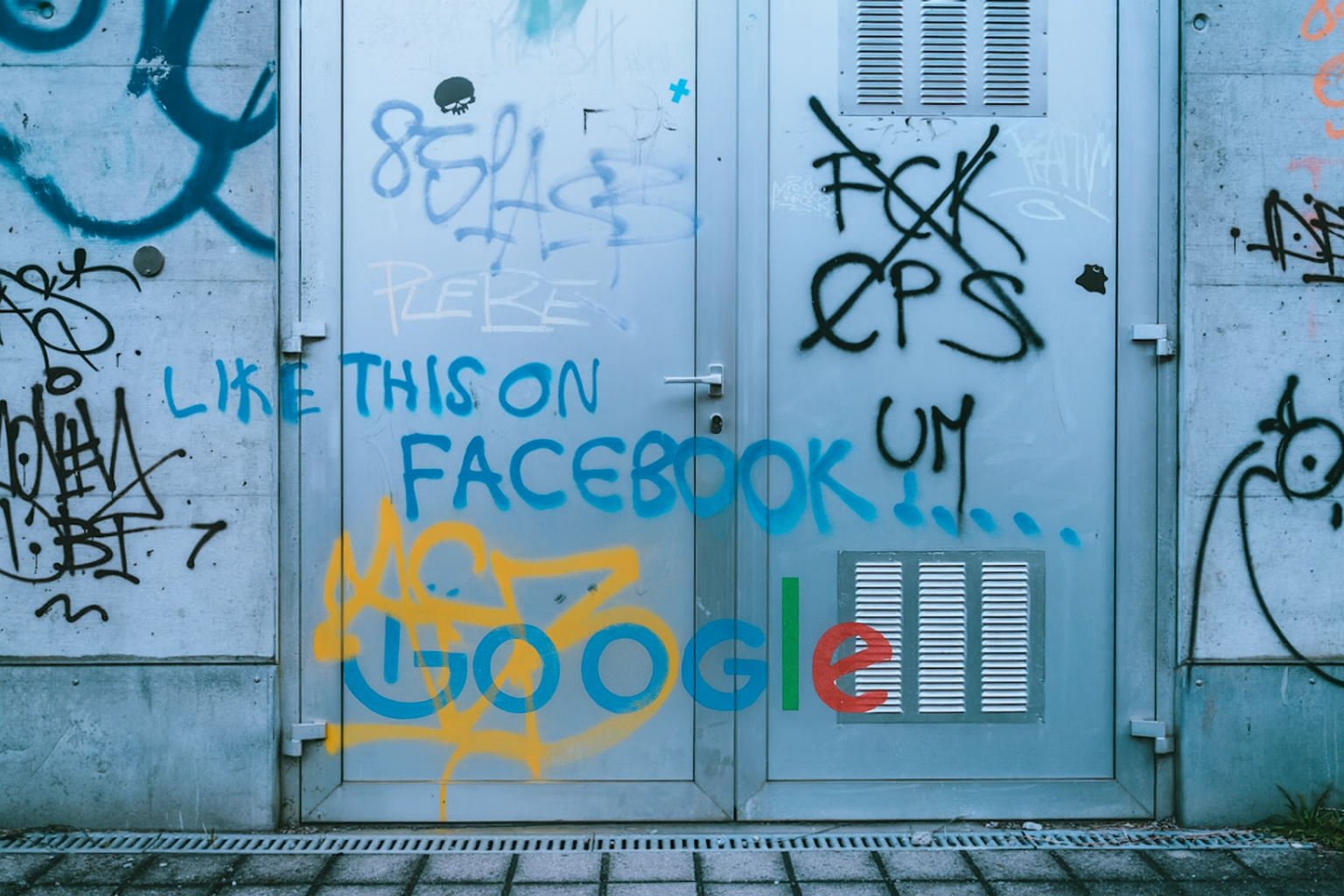 A business owner viewing their website on a laptop beside a phone showing social platforms, symbolizing how both work together